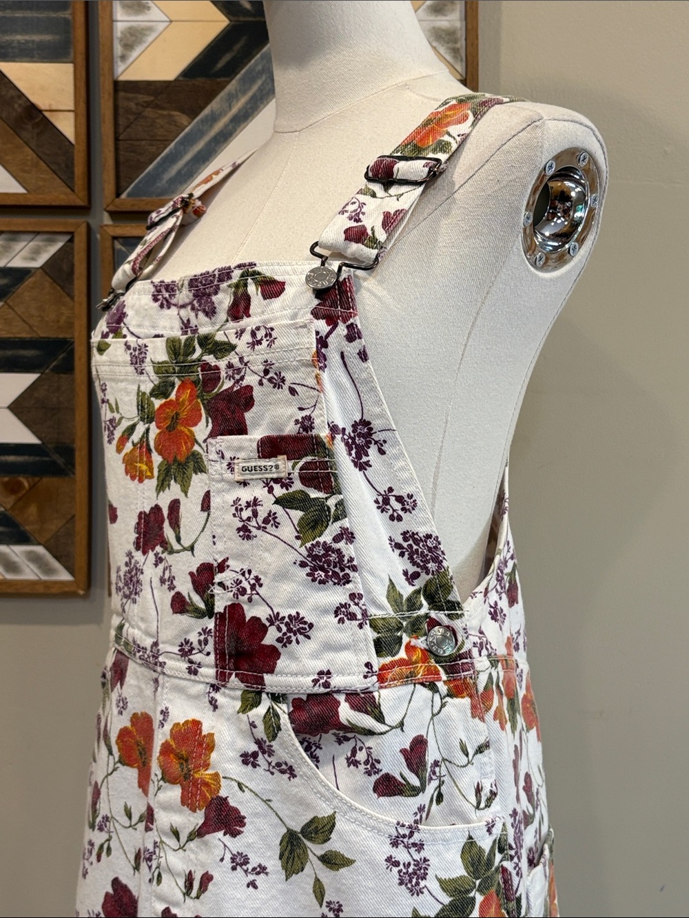Vintage Guess 90s White Floral Cottagecore Denim Overall Dress S / M - Picture 5 of 13